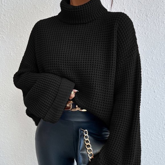. Sweaters - Black Casual Womens Turtleneck Drop Shoulder Waffle Knit Sweater